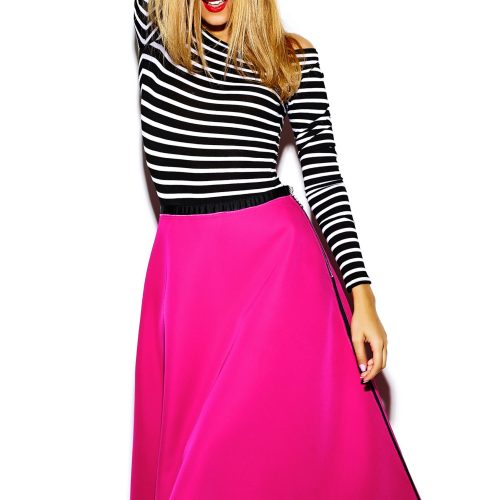 Funny crazy glamor stylish sexy smiling beautiful blond young woman model in pink hipster clothes in studio